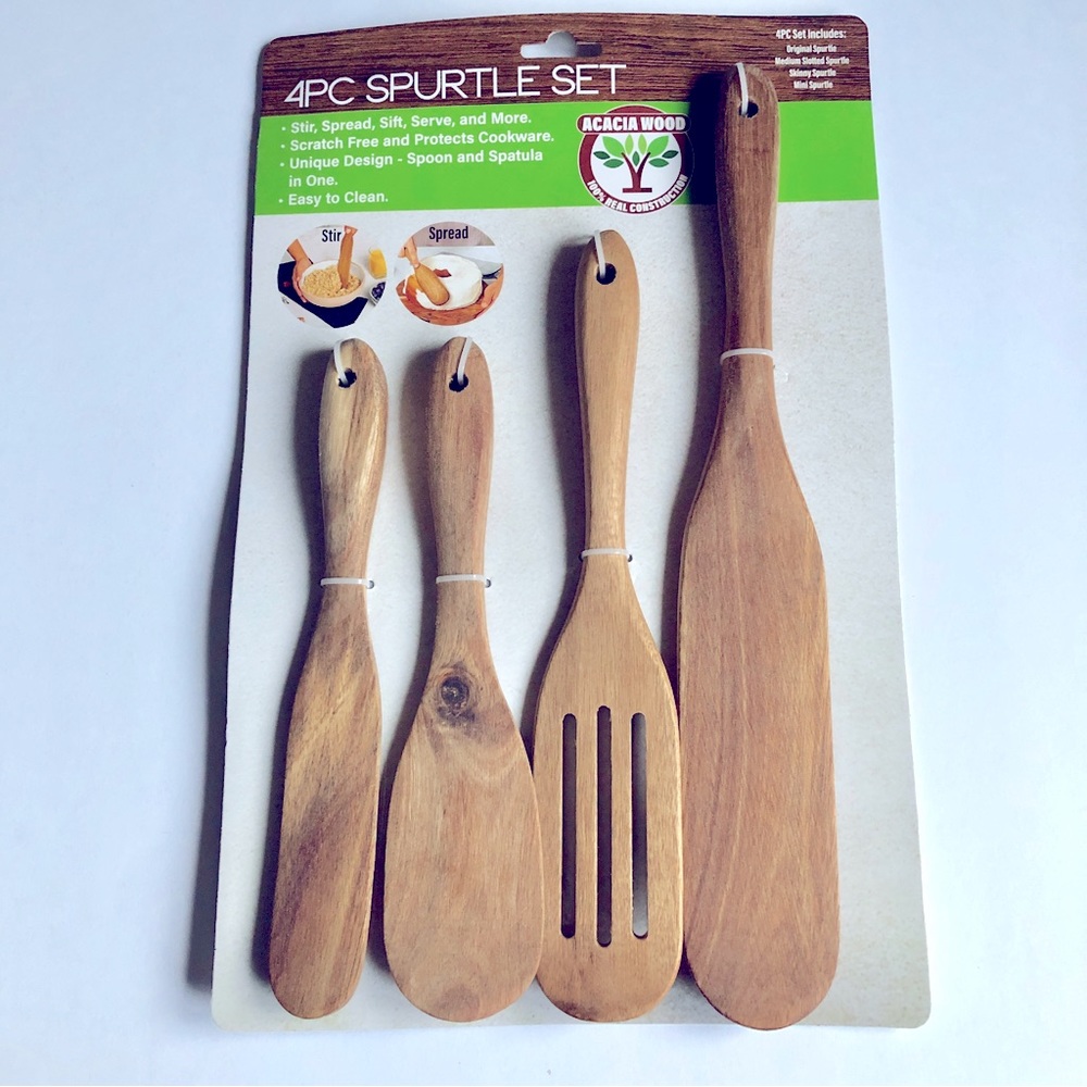 NEW ACACIA WOOD 4-PC SPURTLE SET Kitchen Utensil Set Turner Spatula Spoon Brown